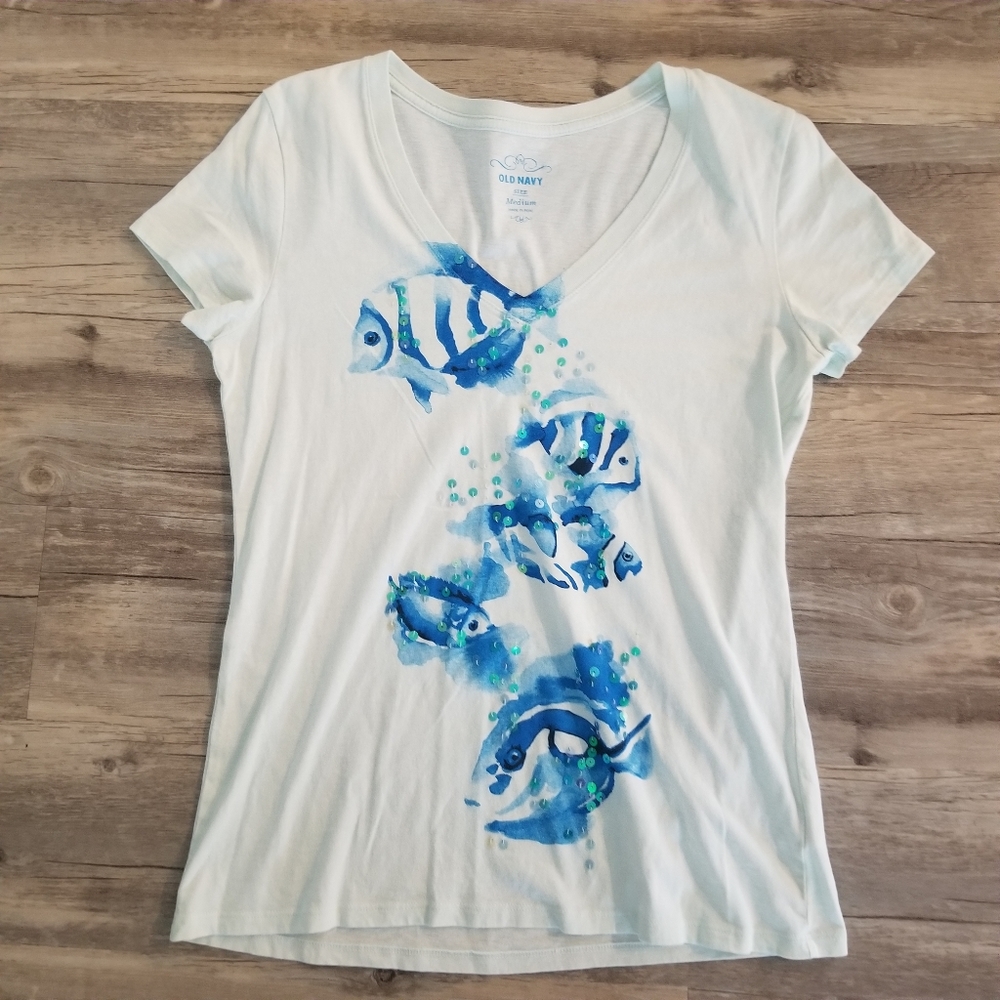 Old Navy Blue Fish V Neck Tee Shirt Size Medium